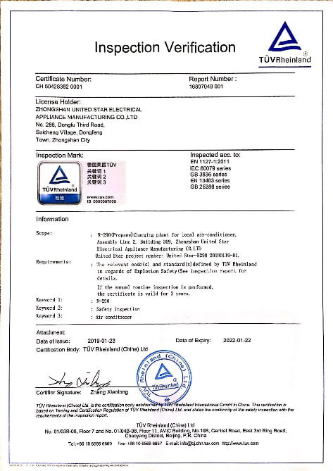 UnitedStar TUV Inspection Verification Certificate